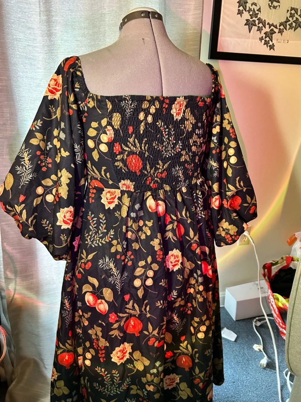 Cider Black One-Shoulder Midi Dress with Red and Gold Floral Print - Picture 3 of 4